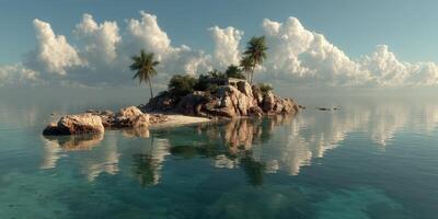 Serene tropical island with calm waters and reflective clouds under a bright sky in a remote location photo