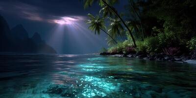 Serene ocean landscape at night with moonlight reflecting on calm waters photo