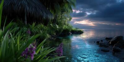 Serene twilight by the water with lush greenery and vibrant flowers near a tropical hut at sunset photo