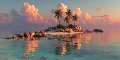 Vibrant sunset over tranquil island with palm trees and calm waters reflecting colorful clouds photo