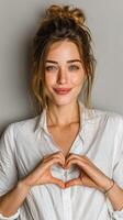 Young woman making a heart shape with her hands in a bright indoor setting photo