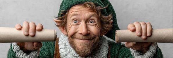 Happy elf holding two empty paper rolls with a joyful expression in a festive setting during the holiday season photo