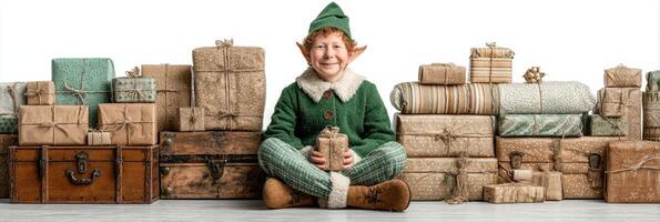 Young elf joyfully holding a gift surrounded by wrapped presents in a cozy festive setting photo