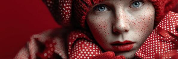 Portrait of a young person wearing a red outfit with polka dots, striking an expressive pose against a red backdrop photo