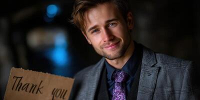 Man in formal wear holding a thank you sign in a dimly lit urban setting during the evening photo
