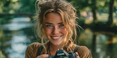 Smiling young woman holds camera near calm river during sunny afternoon in a lush park photo