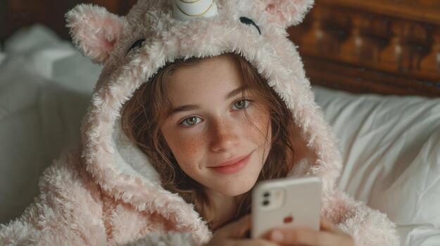 Young girl in cozy unicorn onesie enjoys time on her smartphone while relaxing in a warm, inviting bedroom setting photo