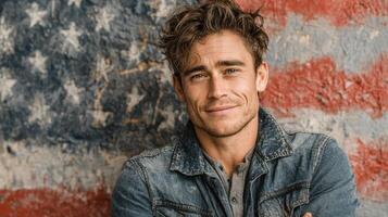 Man standing with arms crossed in front of a weathered American flag wall during daylight photo