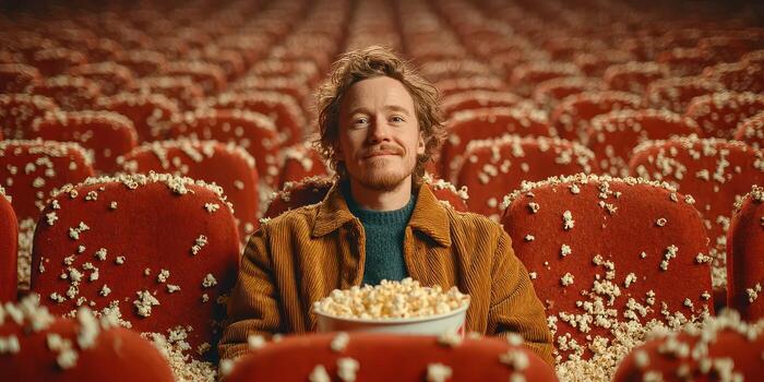 Man enjoys popcorn alone in a nearly empty theater with red seats during a movie screening photo
