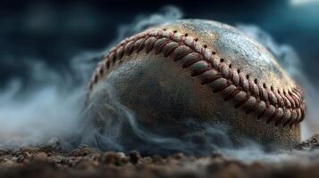 Baseball resting on dusty ground with smoke swirling in an intense game atmosphere at a twilight field photo
