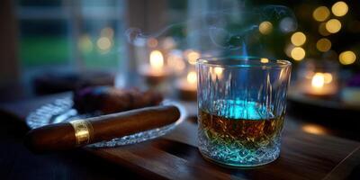 Elegant whiskey glass with cigar and candles creates a cozy atmosphere in the evening photo