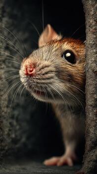Close-up of a curious rodent peeking from a dark crevice in a natural setting during daytime photo