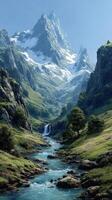 Majestic mountain landscape with a flowing river and cascading waterfall under clear blue sky photo