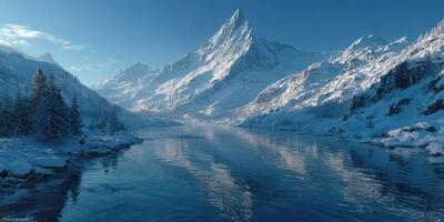 Snowy mountain landscape reflects in serene river under clear sky in winter photo