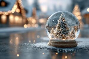 Snow globe featuring a snowy forest scene with festive lights in the background during winter photo