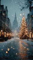 Snowfall transforms a charming winter street into a festive wonderland with twinkling lights and a majestic tree photo