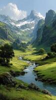 Majestic mountain valley with a winding river and lush green meadows under a clear blue sky photo