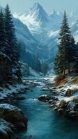Snowy mountain landscape with a serene river flowing through pine trees in a tranquil valley photo