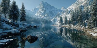 Snow-covered mountains reflect in a serene lake surrounded by evergreen trees in a tranquil winter landscape photo