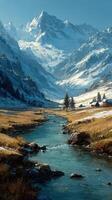 Majestic mountain landscape featuring a crystal-clear stream flowing through a serene valley with snow-capped peaks photo