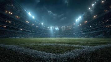 Nighttime soccer stadium filled with fans and illuminated by bright floodlights during an intense match photo