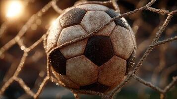 Soccer ball caught in the net during an evening match with sunset lighting photo
