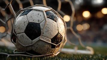 Soccer ball caught in the net during a match at dusk, showcasing the intensity of the game and the thrill of scoring photo