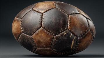 Vintage leather soccer ball on a dark background showcasing its textures and worn details photo
