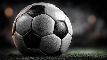 Soccer ball resting on grassy field, ready for the next play during an evening match under soft lights photo