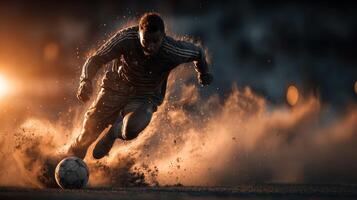 Soccer player sprinting through dust during an intense evening match in twilight conditions photo