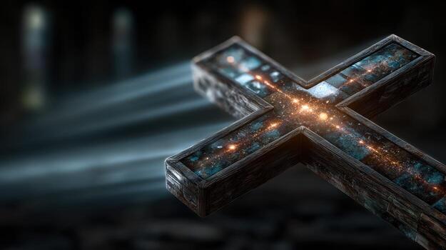 Cross illuminated by cosmic light in a dark, mystical setting showcases a blend of spirituality and the universe photo