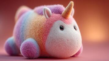 Cute plush unicorn toy with vibrant colors posed on a soft surface during daylight in a cozy setting photo
