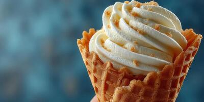 Delicious soft serve ice cream served in a golden waffle cone on a vibrant background photo