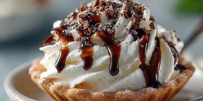 Delicious dessert featuring whipped cream, chocolate sauce, and crunchy toppings in a waffle bowl photo