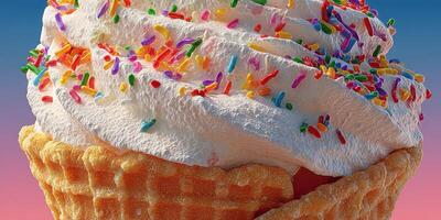 Colorful sprinkles top a creamy ice cream cone against a vibrant gradient background in a summer setting photo