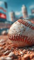 Weathered baseball resting on a dirt field in a bustling stadium during a sunny afternoon game photo