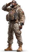 Soldier in camouflage gear saluting against a white background at an unknown location during a military operation photo