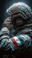 Soldier in a futuristic space suit saluting while adorned with an Iranian flag during a rain-soaked military operation photo