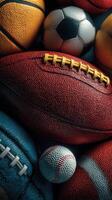 Various sports balls piled together displaying vibrant colors and textures in a close-up arrangement photo