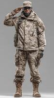 Soldier in tactical gear saluting with professionalism in a neutral background during a military training exercise photo