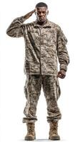 Military personnel saluting while wearing camouflage uniform and combat boots in a studio setting photo