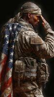 Soldier saluting while draped in an American flag during a solemn moment of respect photo