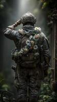 Soldier saluting amidst nature, decorated with flowers, reflecting on peace and resilience in a forgotten landscape photo