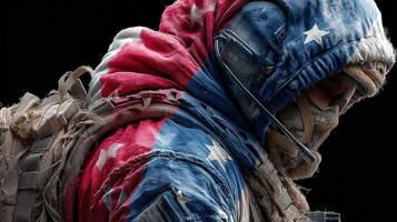 Soldier in camouflaged hoodie displaying American flag pattern during a tactical exercise photo