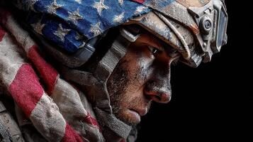 Soldier wearing patriotic headgear with dramatic lighting and intense expression in a close-up shot photo