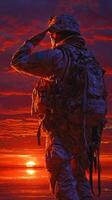 Soldier salutes at sunset, honoring bravery and commitment at a military base in a peaceful moment of reflection photo