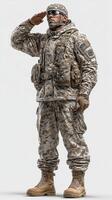 Soldier saluting in tactical camouflage uniform with detailed equipment in a neutral setting during daytime photo