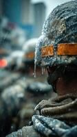 Soldiers in winter gear endure harsh snow and rain while preparing for a mission in a cold urban environment photo