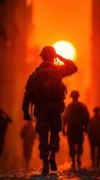 Soldiers salute at sunset in a war-torn city, symbolizing courage and sacrifice in challenging times photo