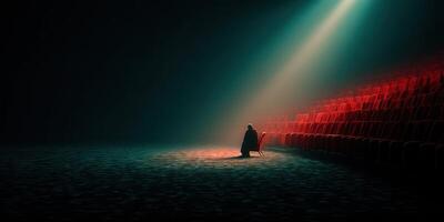 Lonely figure kneeling in empty theater illuminated by bright spotlight during a dramatic performance photo